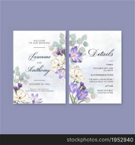 Winter bloom wedding card design with lilies, crocus watercolor illustration.