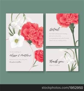 Winter bloom wedding card design with peony, galanthus, anemone watercolor illustration.