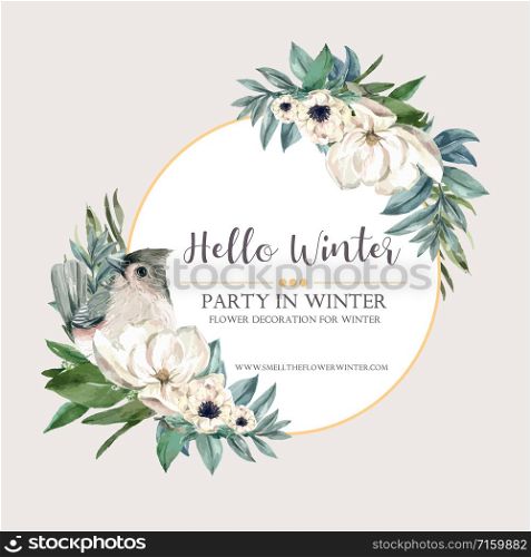 Winter bloom wreath design with bird, floral, foliages watercolor illustration.