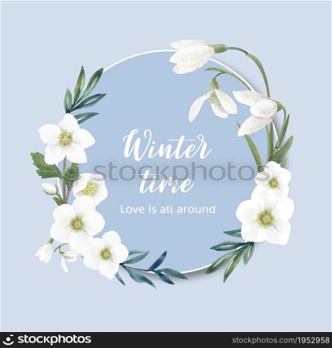 Winter bloom wreath design with galanthus, anemone watercolor illustration.