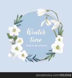 Winter bloom wreath design with galanthus, anemone watercolor illustration.