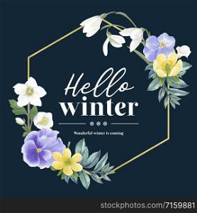 Winter bloom wreath design with galanthus, anemone watercolor illustration.
