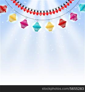 Winter blue background and a garland of colored lights and paper toys. Vector illustration.