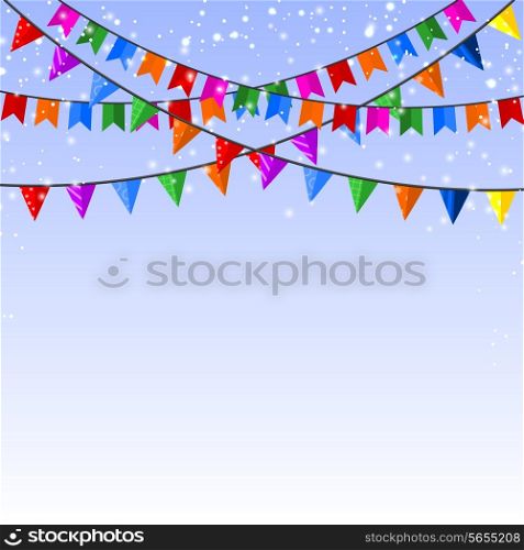 Winter blue background with a garland of paper flags. Vector illustration.