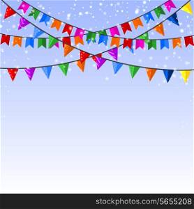 Winter blue background with a garland of paper flags. Vector illustration.