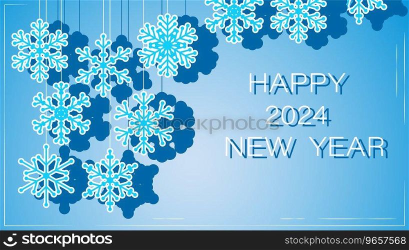 Winter blue background with snowflake toys and effect of frost cold ice. Festive horizontal backdrop for winter Happy 2024 new year party. Snowflakes of frosted winter weather and festive mood. Vector