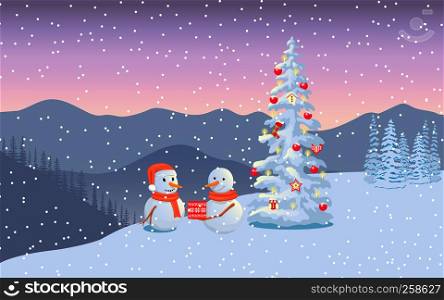 Winter boxing day with snowmen. Evening twilight with snowman family in santa hat, distant mountains, decorated illuminated x-mas tree, gift, snow flurry, forest. Vector illustration. For web prints. Winter boxing day with snowmen. Evening twilight with snowman family in santa hat, distant mountains, decorated illuminated x-mas tree