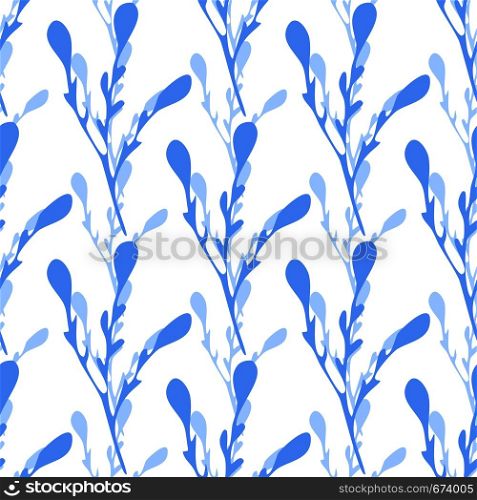 Winter Branches seamless pattern. Blue leaf branch backdrop. Vector illustration on white background for textile or book covers, wallpapers, design, graphic art, wrapping. Winter Branches seamless pattern. Blue leaf branch backdrop.