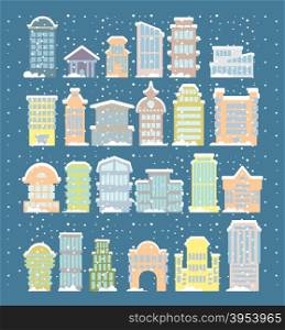 Winter buildings icons. Skyscrapers and towers in snowfall. Snow on rooftops and snowdrifts. Urban structure. City in snowstorm. Elements of city. Government and public buildings. Winter architecture&#xA;&#xA;