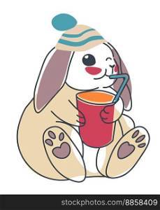 Winter bunny drinking tasty cocoa or hot chocolate from straw. Isolated cute hare personage wearing knit hat, Rabbit character with long ears and muzzle expression. Vector in flat style illustration. Rabbit drinking tea or cocoa from cup winter bunny