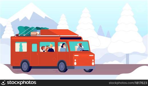 Winter camp car. Christmas outdoor family travel, trailer on road. Holiday travellers driving on snow mountain landscape vector illustration. Winter adventure car, trip and vacation. Winter camp car. Christmas outdoor family travel, trailer on road. Holiday travellers driving on snow mountain landscape vector illustration