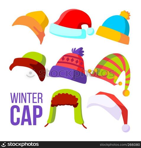 Winter Cap Set Vector. Cold Weather Headwear. Hats, Caps. Apparel Clothes For Autumn. Isolated Flat Cartoon Illustration. Winter Cap Set Vector. Cold Weather Headwear. Hats, Caps. Apparel Clothes For Autumn. Isolated Cartoon Illustration