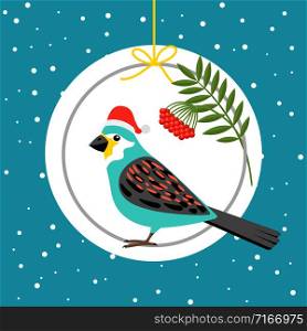 Winter card or banner template with bird with Santa hat, vector illustration. Bird in Santa hat winter card
