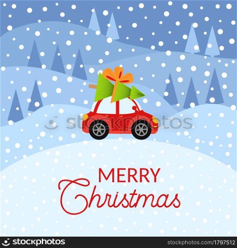 Winter card with a little red vintage car carrying a Christmas tree on top. Snowy landscape with fir trees and houses.. Merry christmas and happy new year illustrations. Greeting card with red retro car with christmas tree