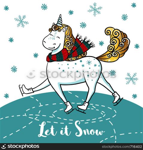 Winter card with cute unicorn in a scarf on skates. Cartoon hand drawn unicorn. Hello winter time. Vector illustration. Design for greeting cards, t-shirt and other. Winter card with cute unicorn on skates.