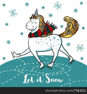 Winter card with cute unicorn in a scarf on skates. Cartoon hand drawn unicorn. Hello winter time. Vector illustration. Design for greeting cards, t-shirt and other. Winter card with cute unicorn on skates.