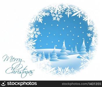 Winter card with snowy landscape and white snowflakes