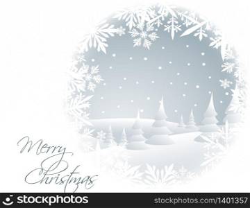 Winter card with snowy landscape and white snowflakes