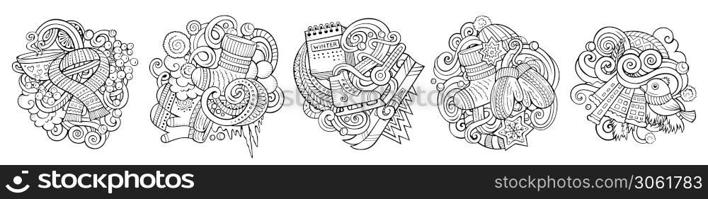 Winter cartoon vector doodle designs set. Line art detailed compositions with lot of seasonsl objects and symbols. Isolated on white illustrations. Winter cartoon vector doodle designs set.
