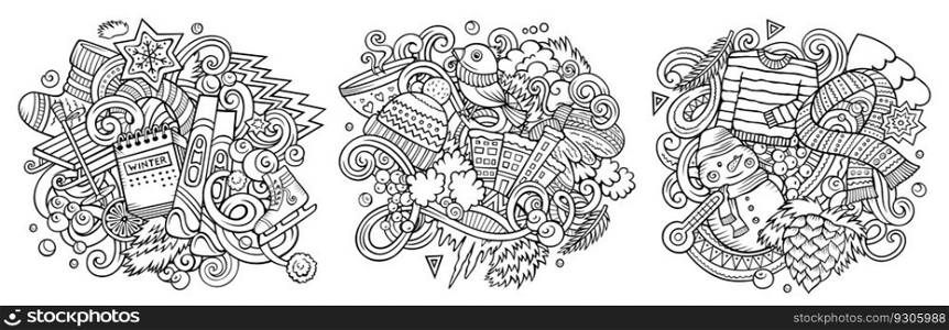 Winter cartoon vector doodle designs set. Sketchy detailed compositions with lot of cold season objects and symbols. Isolated on white illustrations. Winter cartoon vector doodle designs set.