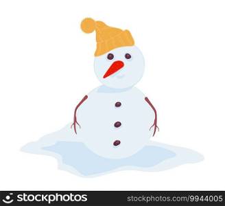 Winter character, snowman with branch hands, carrot nose and warm knitted hat. Wintertime and cold weather outdoors. Frosty landscape with christmas and new year personage. Vector in flat style. Snowman wearing knitted warm hat winter character