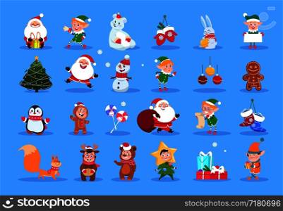 Winter characters. Cartoon santa, elves and winter christmas animals, snowman and kids. Winter christmas holiday vector set. Character christmas, santa and animal, xmas deer and gift illustration. Winter characters. Cartoon santa, elves and winter christmas animals, snowman and kids. Winter christmas holiday vector set