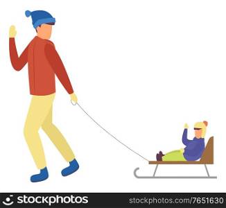 Winter characters, father and son sitting on sleds. Isolated dad and kid wearing warm clothes. Personages spending time outdoors. Sledding child and adult man caring for kiddo. Vector in flat. Dad and Kid on Sleds, Winter Character Isolated