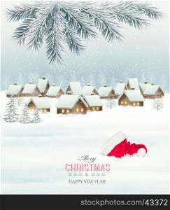 Winter christmas background with a snowy village landscape and santa hat. Vector.