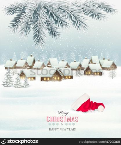 Winter christmas background with a snowy village landscape and santa hat. Vector.
