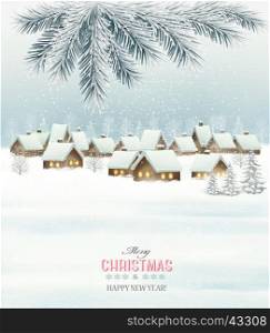 Winter christmas background with a snowy village landscape. Vector.