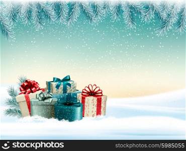 Winter christmas background with colorful presents Vector.