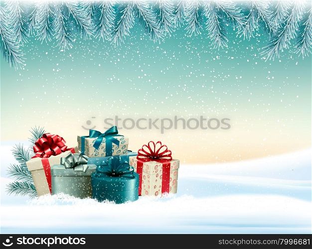 Winter christmas background with colorful presents Vector.