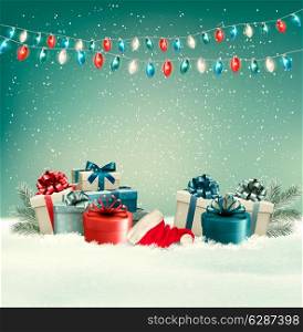 Winter christmas background with gifts and a garland. Vector.