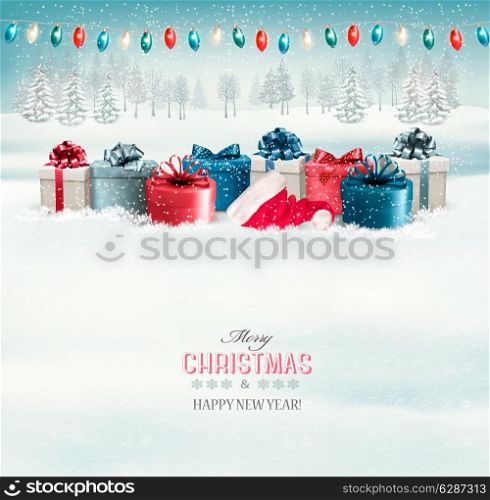 Winter christmas background with presents and a garland. Vector.