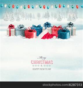 Winter christmas background with presents and a garland. Vector.