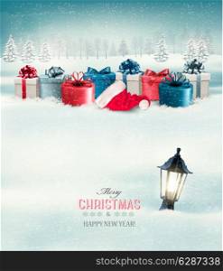 Winter Christmas background with presents and a lantern buried in snow. Vector.