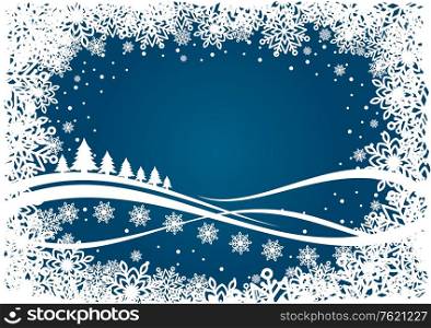 Winter christmas background with snowflakes and new year trees