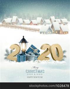 Winter christmas holiday background with a snowy village landscape and 2020. Vector.