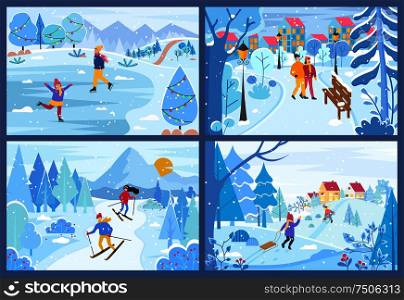 Winter Christmas holidays of people in park set vector. Children skating and skiing person, couple walking along trees covered with snow, seasonal fun. Winter Christmas Holidays of People in Parks Set