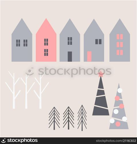 Winter Christmas houses and trees. Vector illustration.