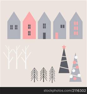 Winter Christmas houses and trees. Vector illustration.