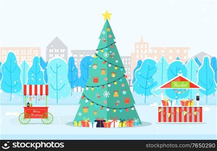 Winter Christmas park with traditional symbol fir-tree decorated by garland, market place and truck. Fair festive with Xmas wood and holiday tent near snowy trees and building symbols vector. Christmas Tree near Trees and Buildings Vector