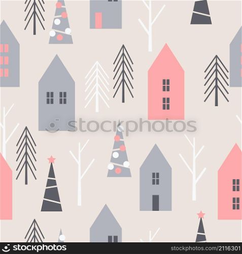 Winter Christmas pattern with houses and trees. Vector seamless pattern