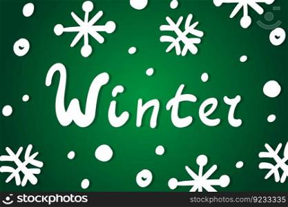 Winter Christmas season greeting card template. Simple doodle drawing snowflake green background. Flat new year celebration illustration. White snow falling. December paper typography lettering poster
