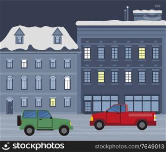 Winter city at nighttime, cars andvehicles of citizens at street of town. Snowfall in urban area. Building in row with lit windows. Automobile on read at night. Cityscape of wintertime vector in flat. City Street at Night, Winter Cityscape with Cars