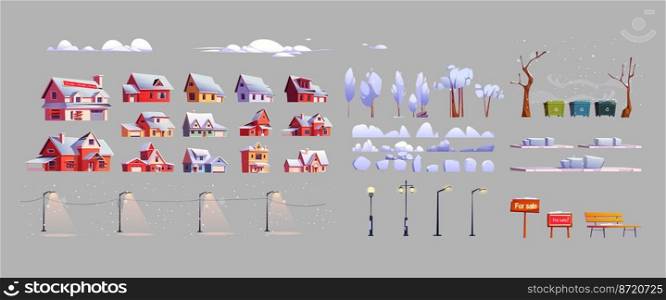 Winter city constructor set of houses, street lighting lanterns, trees and bushes, waste containers, bench, for sale signs covered with snow, clouds. Cartoon town design elements vector illustration. Winter city constructor set, vector illustration