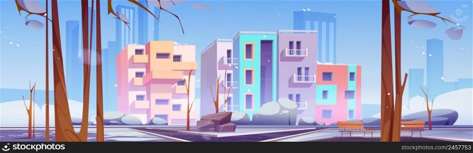 Winter city district, outdoor cityscape dwelling territory with modern houses architecture, park area at front yard with asphalted paves, snow, bare trees, bench and rocks Cartoon vector illustration. Winter city district, outdoor dwelling territory