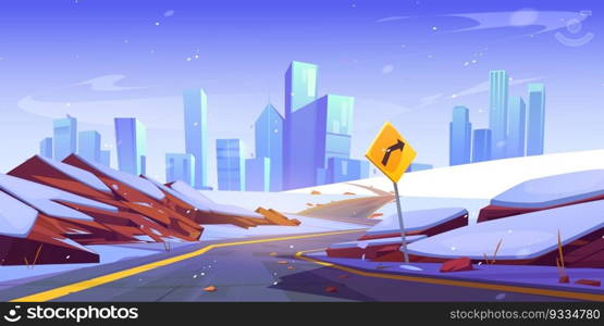 Winter city landscape with curve road and snow cartoon vector background. Western highway with snowy winding route to new york. Empty urban panorama with turn sign direction to american cityscape. Winter city landscape with curve road and snow
