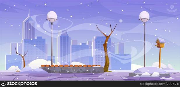 Winter city park, empty urban public garden landscape with wooden bench, bare trees, blizzard and snowdrifts around, lanterns and town buildings skyline with snow, wind and dull sky, Vector cartoon. Winter city park with wooden bench, urban garden