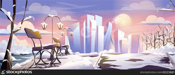 Winter city park landing page. Snowy public park with trees branches, wooden benches, lanterns and footpath, skyscrapers on horizon. Cityscape web banner background. Cartoon vector illustration